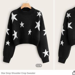 💙 ZAFUL Star Drop Shoulder Jumper Sweater - Red Wine